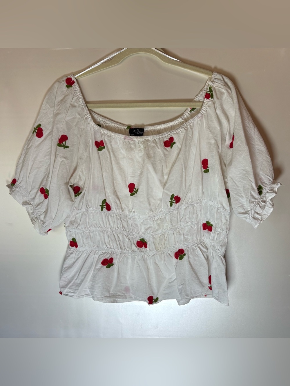 Embroidered Cherry Peasant Cropped Blouse — White